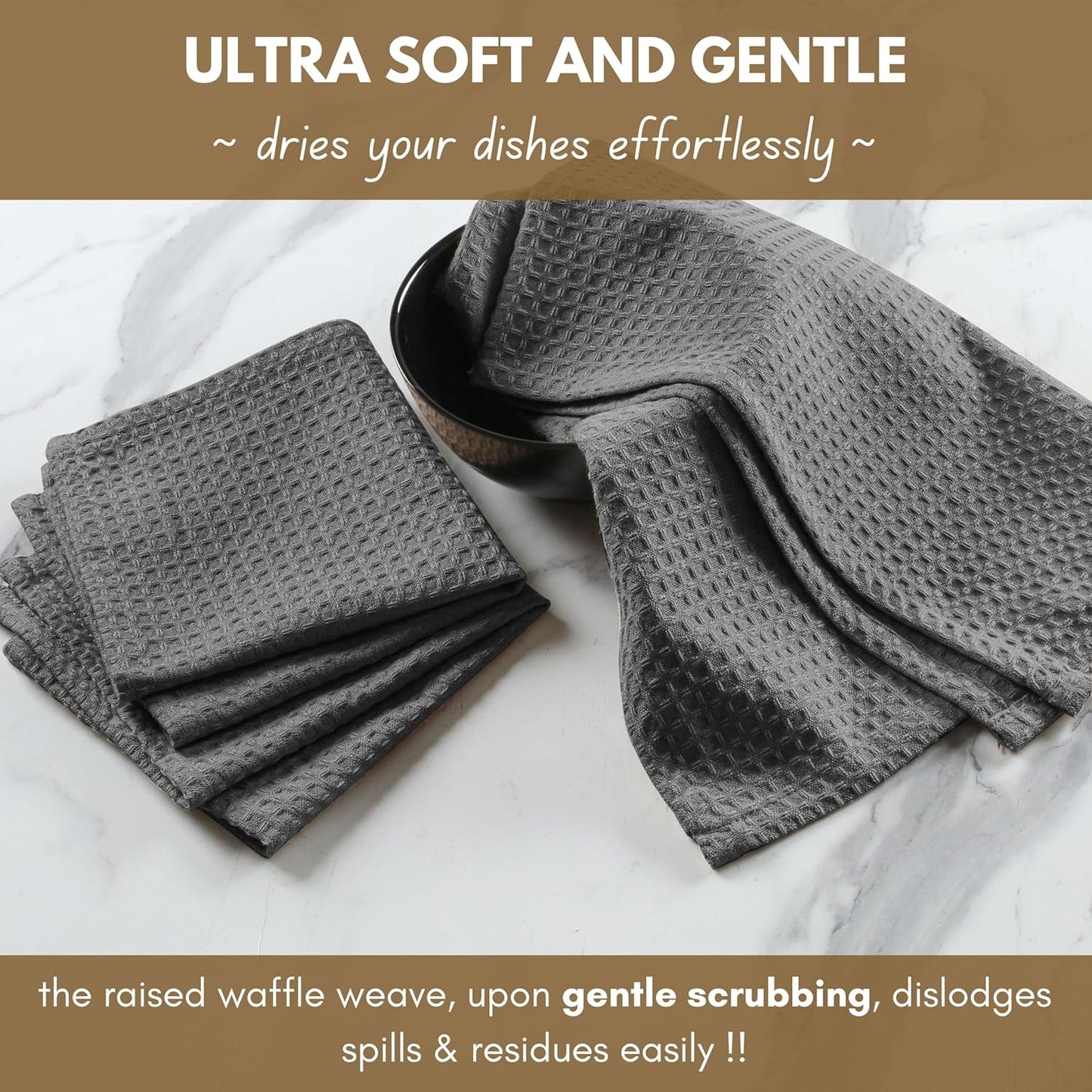 Native Fab Cotton Kitchen Towel - 16x26 inches, 6 Pack, Waffle Weave Kitchen Towels for Cleaning, Drying, Washcloths with Hanging Loop, Soft & Absorbent Dish Cloths, Grey