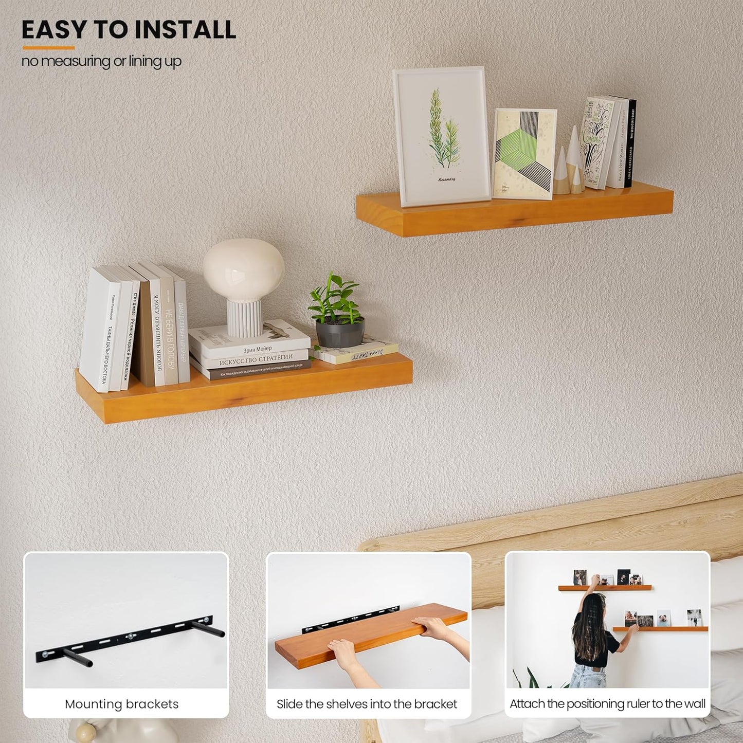 Pine Floating Wall Shelves Set of 2, 16 Inches Long x 8”x 1.4” Shelf Floating Rustic Farmhouse Decor, Heavy Duty Shelf, Wall Shelves for Bathroom Living Room Kitchen Bedroom Office, Honey Oak