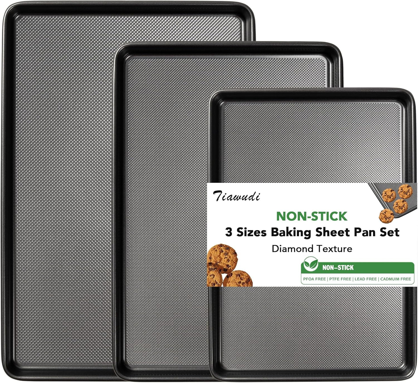 Tiawudi Baking Sheet Pan Set, 0.8mm Thick Heavy Duty Cookie Sheet with Diamond Texture Pattern, Nonstick Baking Tray for Oven, Carbon Steel Half, Jerry Roll Pan, Set of 3