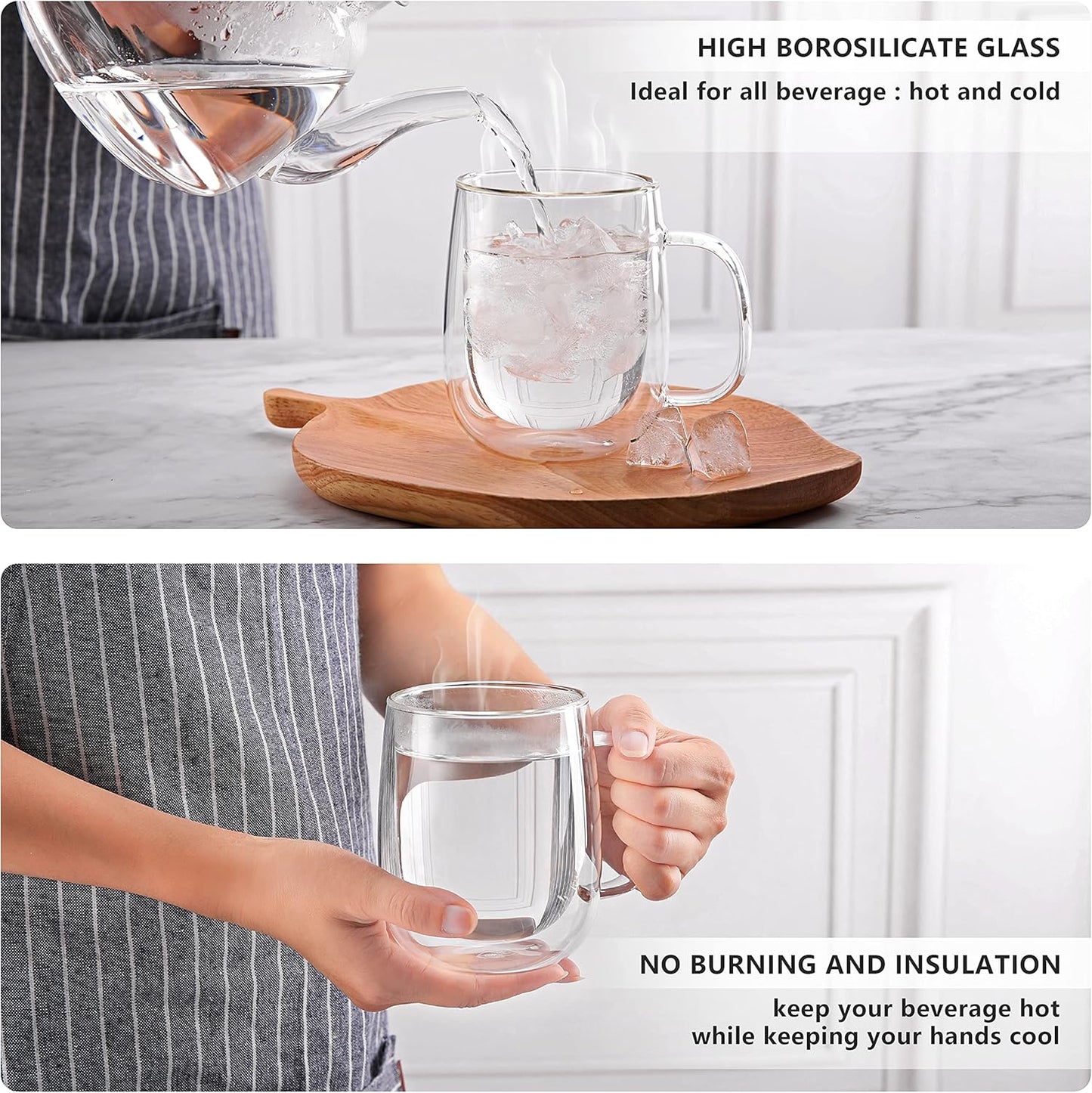 CNGLASS Large Double Wall Glass Coffee Mug 15.2oz,Clear Insulated Glass Espresso Cup with Big Handle,set of 2