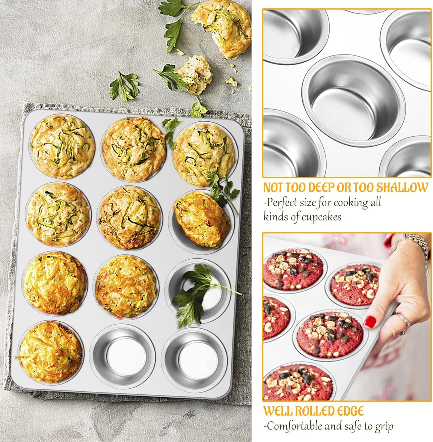 E-far 12-Cup Muffin Pan Set of 4, Stainless Steel Muffin Tins, Non-Toxic Metal Cupcake Pans Tray for Baking Small Mini Cupcake, Heavy Duty & Regular Size, Rust Free & Dishwasher Safe
