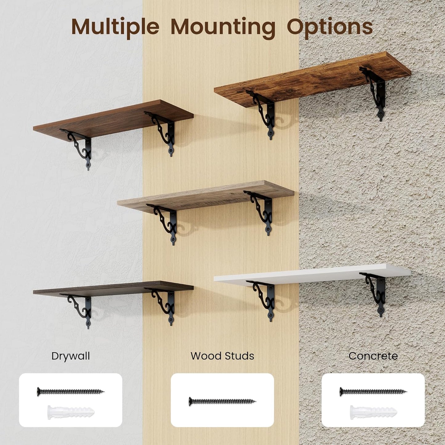 RICHFOCUS Floating Shelves for Wall Decor, 24Inch Wall Shelves Set of 2, 24W x 8D Floating Shelves Wall Mounted with Metal Brackets, Rustic Wood Shelves for Living Room Bedroom Kitchen, Walnut