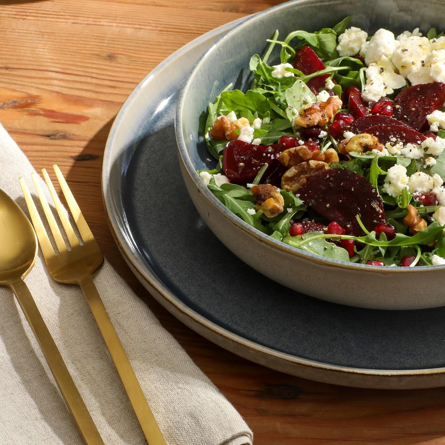 Gibson Elite Sunveil 16 Piece (Service for 4) Plates and Bowls Reactive Glaze Round Dishes Stoneware Ceramic Dinnerware Set -Blue