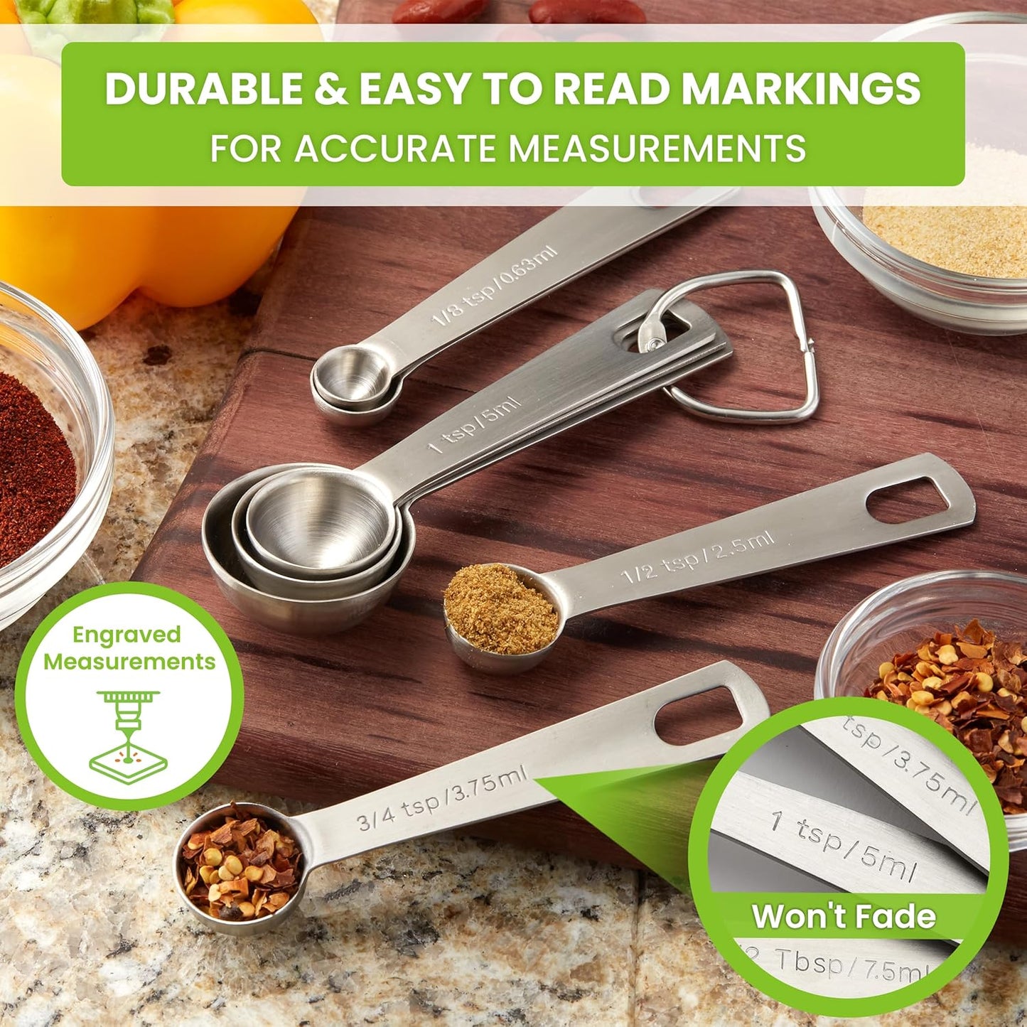 Spring Chef Stainless Steel Measuring Spoons Set of 8 with Leveler, Round Metal Teaspoon & Tablespoon Measuring Spoons - Nesting Kitchen Gadgets For Baking & Cooking, Dry & Liquid Ingredients