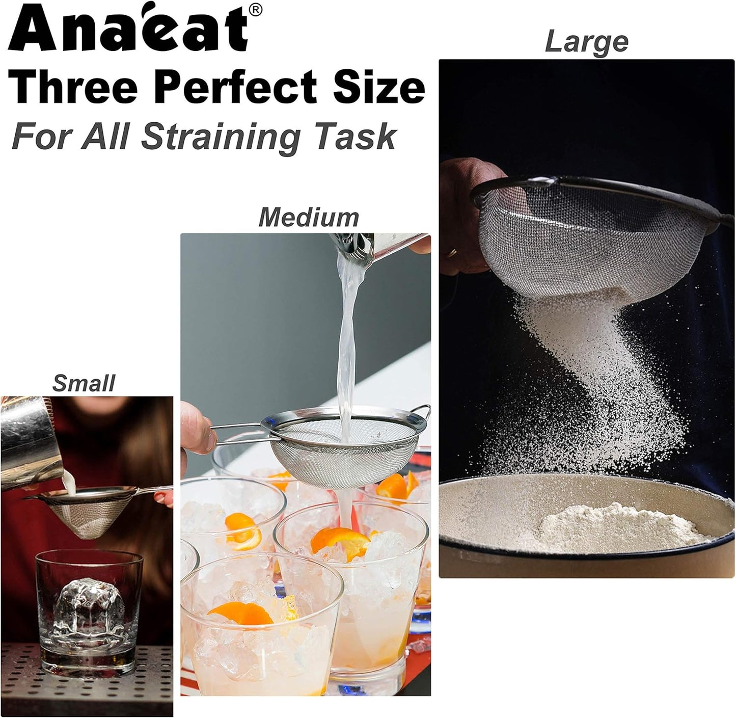 Anaeat Fine Mesh Strainers - Premium Stainless Steel Colander Sieve Sifters, with Durable Mesh and Sturdy Handle, Excellent for Sifting Dry ingredients, Flour, Pastas, Rice, Tea (6.3"）