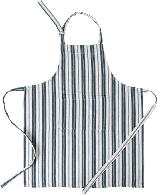 Cotton Professional Apron For Kitchen – 28 x 32 Inches – Women & Men – Useful When Cooking, Baking, Gardening – Adjustable Strap Around Waist & Neck With Pockets Navy Blue Stripes