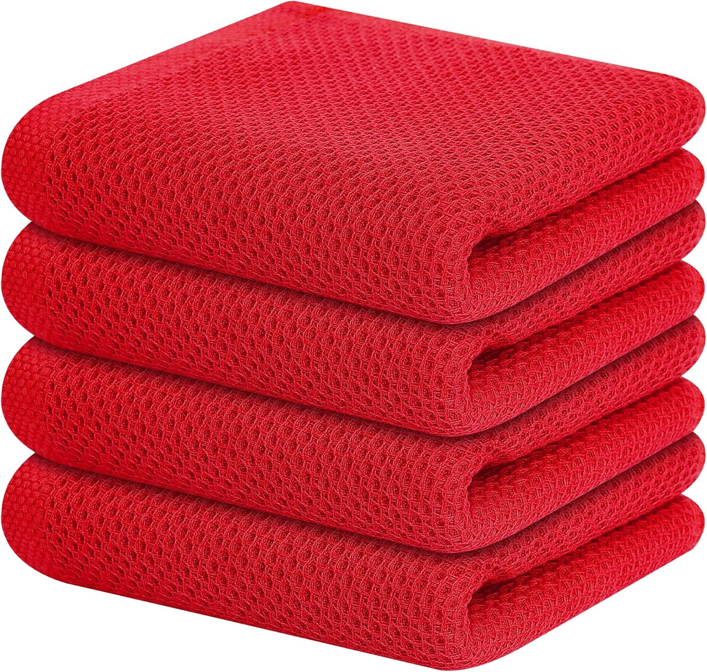 Kitinjoy 100% Cotton Waffle Weave Kitchen Towels, 4-Pack Super Soft and Absorbent Dish Towels for Drying Dishes, Kitchen Hand Towels, 13 in x 28 in, Red