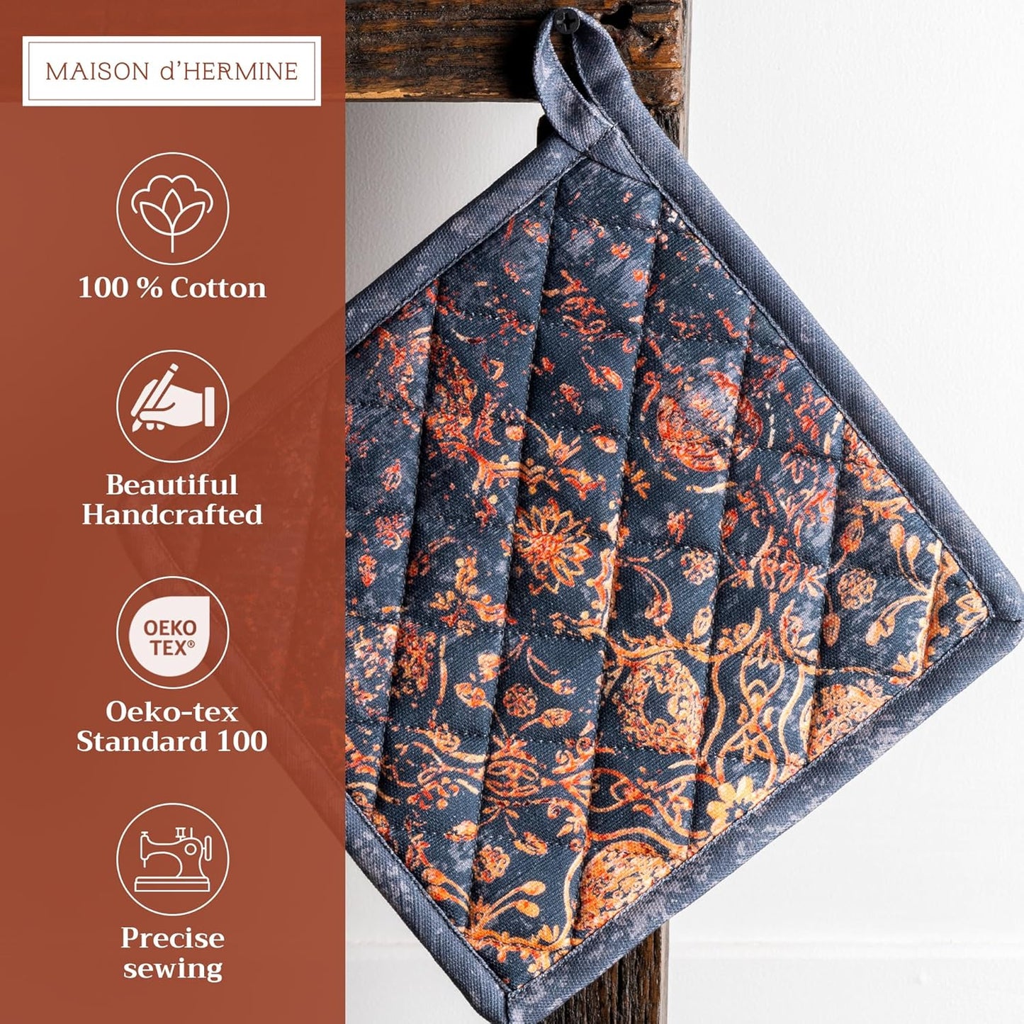 Maison d' Hermine Pot Holders Set 100% Cotton Heat Resistant Potholders 8" x 8" Hot Pads with Loop BBQ, Cooking, Baking, Grilling, Kitchen, Handling Hot Pans (Pack of 2, Imperfection)