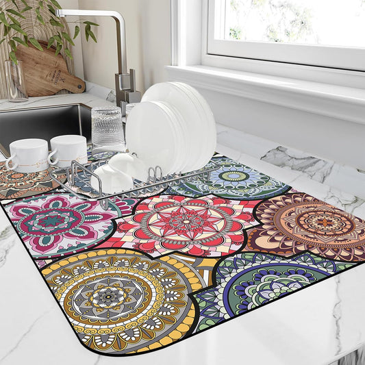 Dish Drying Mat Bohemia Vintage Decorative Pattern Kitchen Mat 12"x19" Bsorbent Coffee Maker Mat for Dishes,Utensils Coffee Maker Pots and Pans Easy Clean Dish Slip Resistant Pad