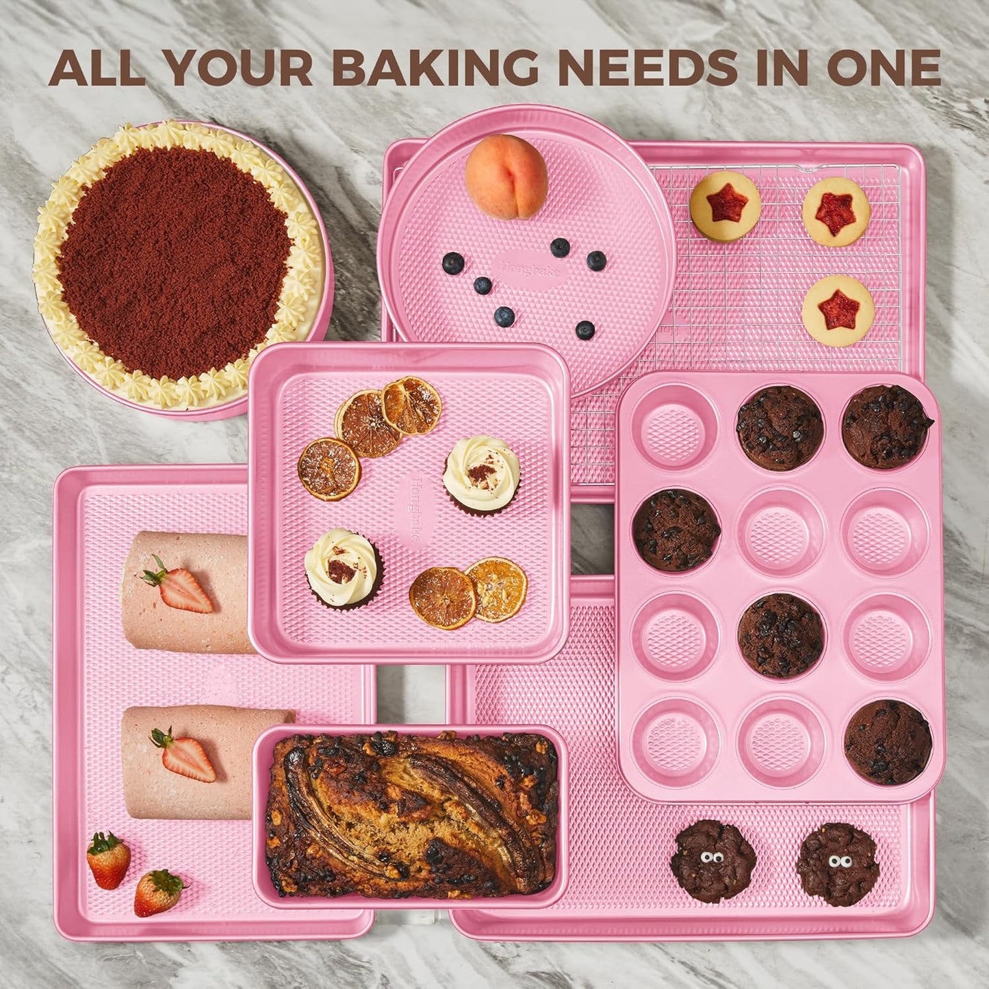 HONGBAKE 9-Piece Baking Pans Set Nonstick, Stackable Non Toxic Bakeware Sets with Diamond Texture, Oven Pan Set for Cooking, Includes Cookie Sheet with Rack, Cake Pan, Roasting Pan, Muffin Tin, Pink