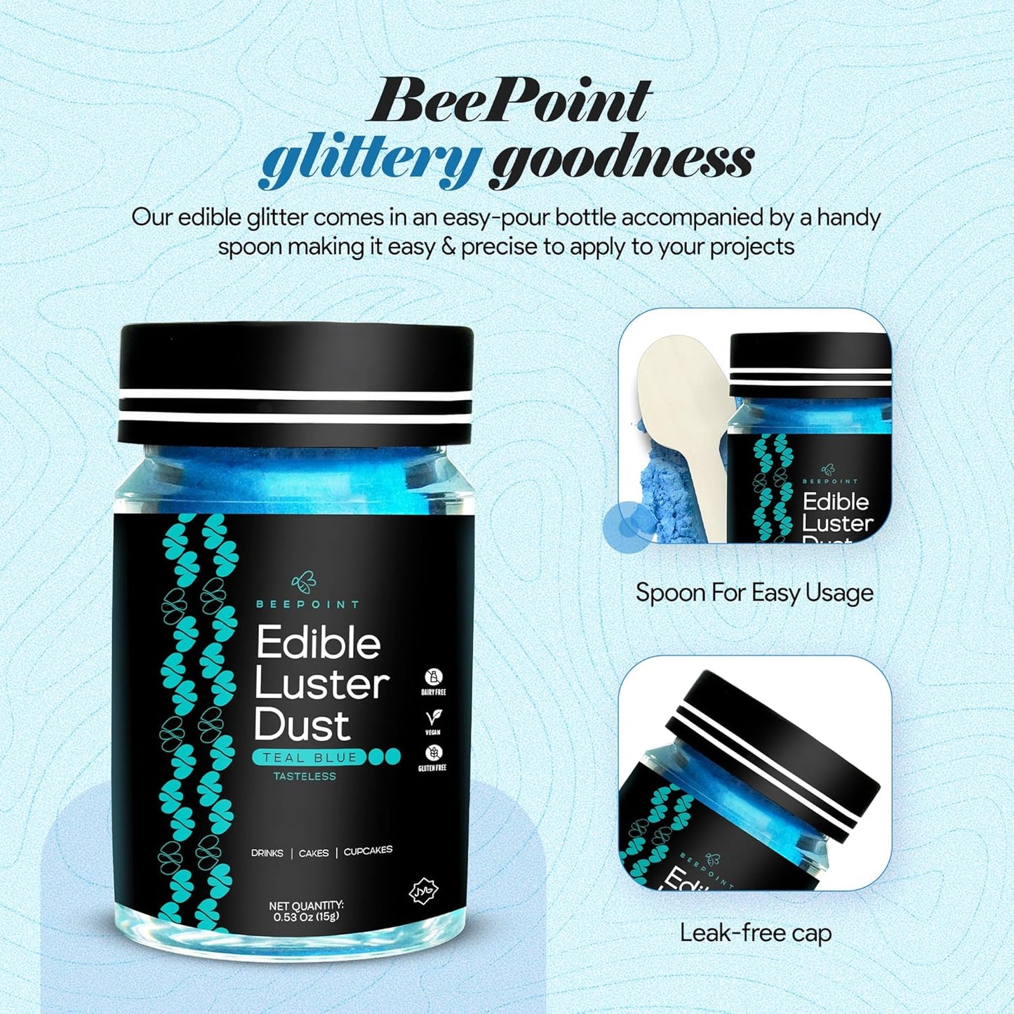 BeePoint Teal Blue Edible Luster Dust 15g - Food Grade, Vibrant Color Shimmer Powdered Dust for Drinks, Cocktails, Cake Decorating, Baking, Chocolates, Candy, Sweets, & Cookies - Vegan & Gluten Free