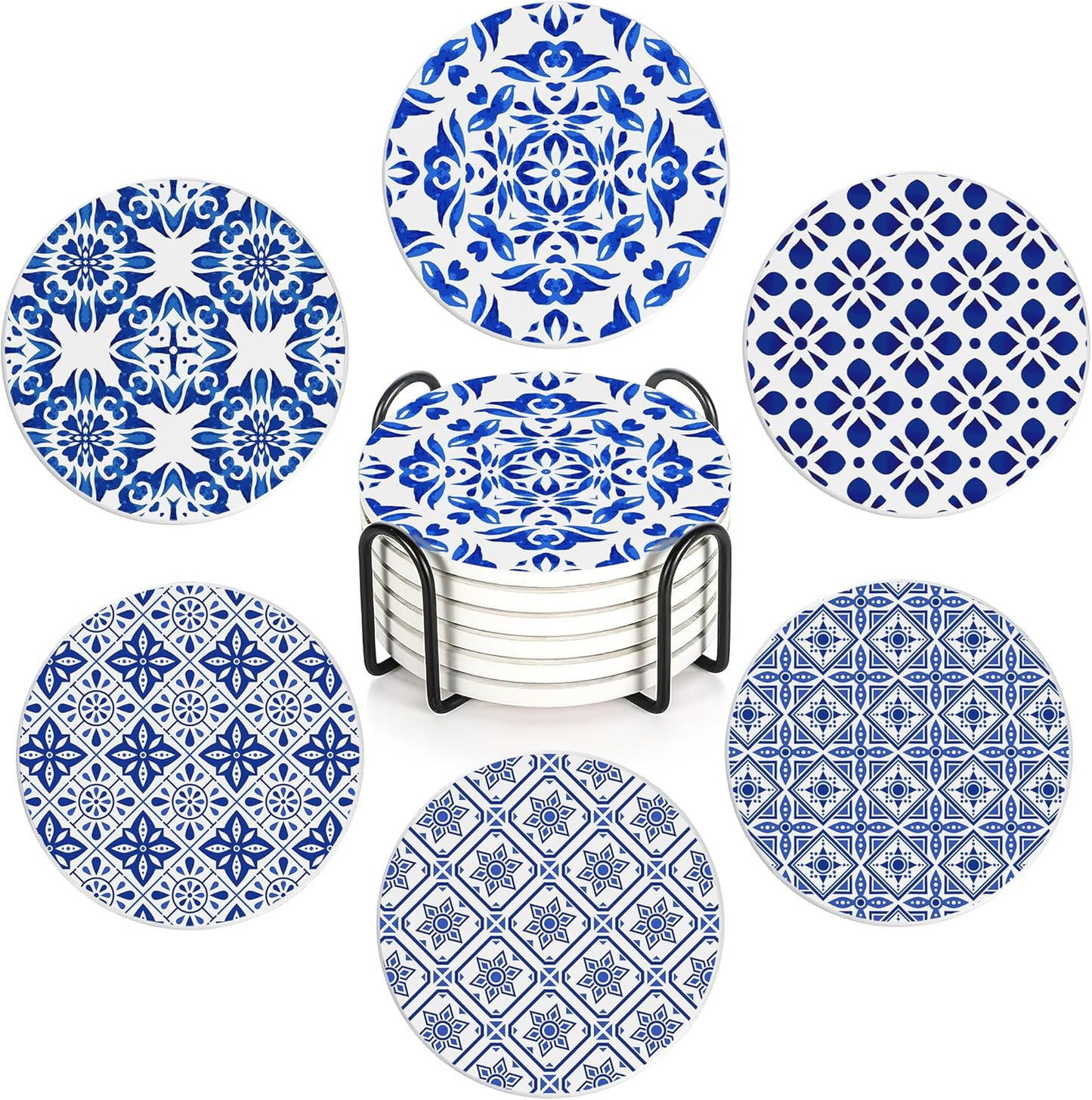 Drink Coasters Set of 6 with Holder, Handpainted Blue Pattern Absorbent Ceramic Coasters with Cork Base,Fit All Cups,Great Gift for Housewarming,Room Decor,Bar,Holiday Party