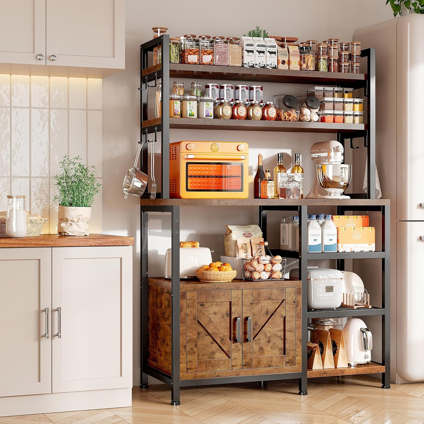 EnHomee Bakers Rack, 6 Tier Microwave Stand, Coffee Bar Organizer with 8 L-Shaped Hooks, Kitchen Shelves with Large Capacity Storage, 14.1 x 30.1 x 63.1 Inches, Rustic Brown