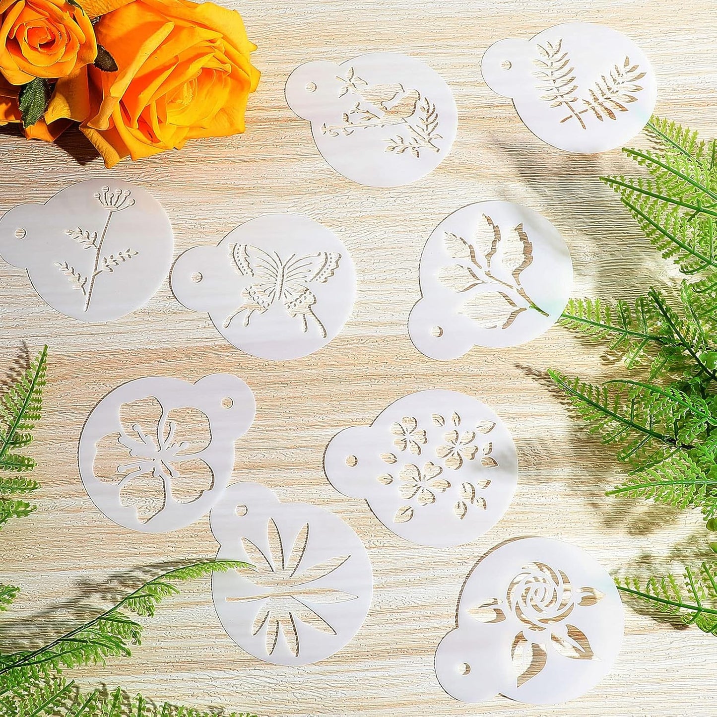 Marspark 30 Pieces Coffee Stencil Cookie Cake Stencils Latte Art Reusable Plastic DIY Bake Stencils Leaves Butterfly Flowers Bird for Coffee Cookie Drawing