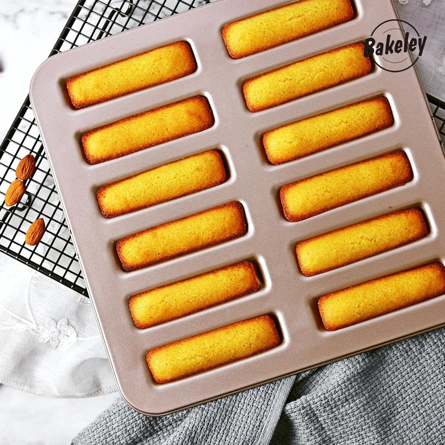 Financier Cake Pan, 12-Cavity Non-Stick Rectangle Muffin Pan Biscuits Cookies Bakeware for Oven Baking (Champagne Gold)