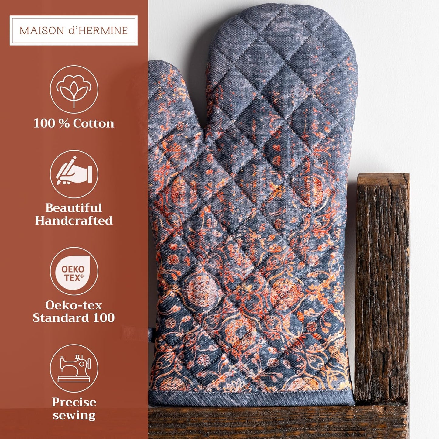 Maison d' Hermine Oven Gloves 100% Cotton Oven Mitt 7" x 13" with Loop Heat Resistant, BBQ, Cooking Gloves, Baking, Grilling, Kitchen, Handling Hot Pans (Pack of 1, Imperfection)