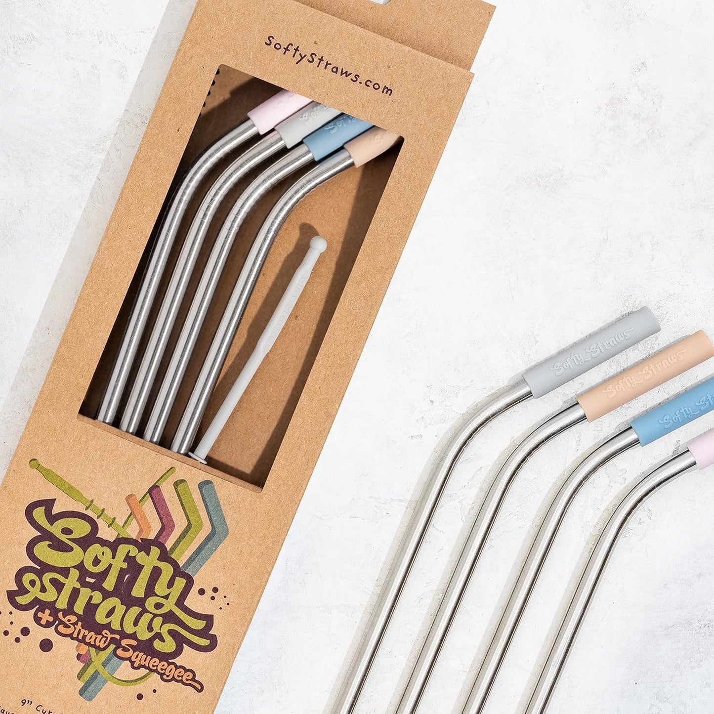 Premium Reusable Stainless Steel Drinking Straws With Silicone Tips + Patented Straw Cleaners and Carrying Case - 9” Long Metal With Curved Bend for 20/30/32oz Tumblers - Natural Colors