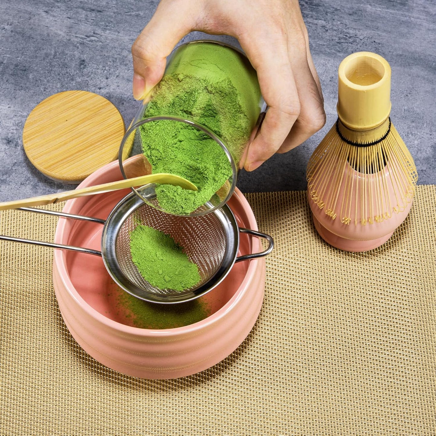 Marce Matcha Whisk Set- Matcha Set includes Matcha Bowl, Sifter, Holder and Scoop- The Perfect Bamboo Whisk for Matcha Tea (Pink)
