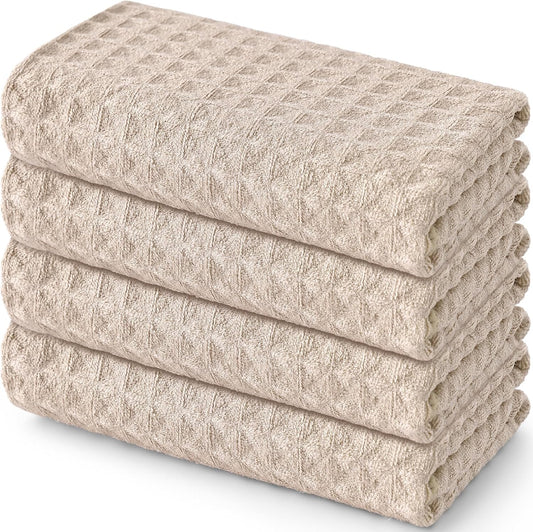 Homaxy Microfiber Waffle Weave Kitchen Towels, 16 x 28 Inch Ultra Absorbent and Solid Color Dish Towels, 4 Pack, Beige