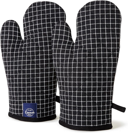 Encasa Homes Long 12" Oven Microwave Hand Gloves Mitts (2 pc Set) for Kitchen Cooking & Baking - Heat Resistant, Thick & Safe, Protection of Hands from Hot Utensils - Butcher Checks Black