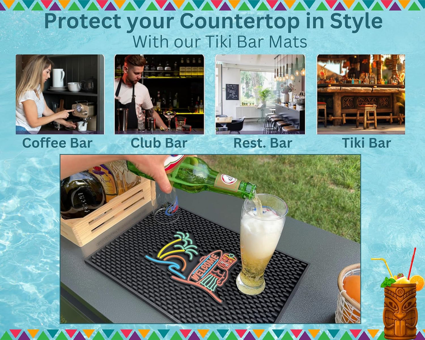 Tiki Bar Mats for Countertop 18 x 12 Tiki Bar Decor Mat Unique Tiki Man Warrior Design with Surfboard Welcome Greeting Tiki Decor, Outdoor Tiki Bar Sign and Luau Party Decorations