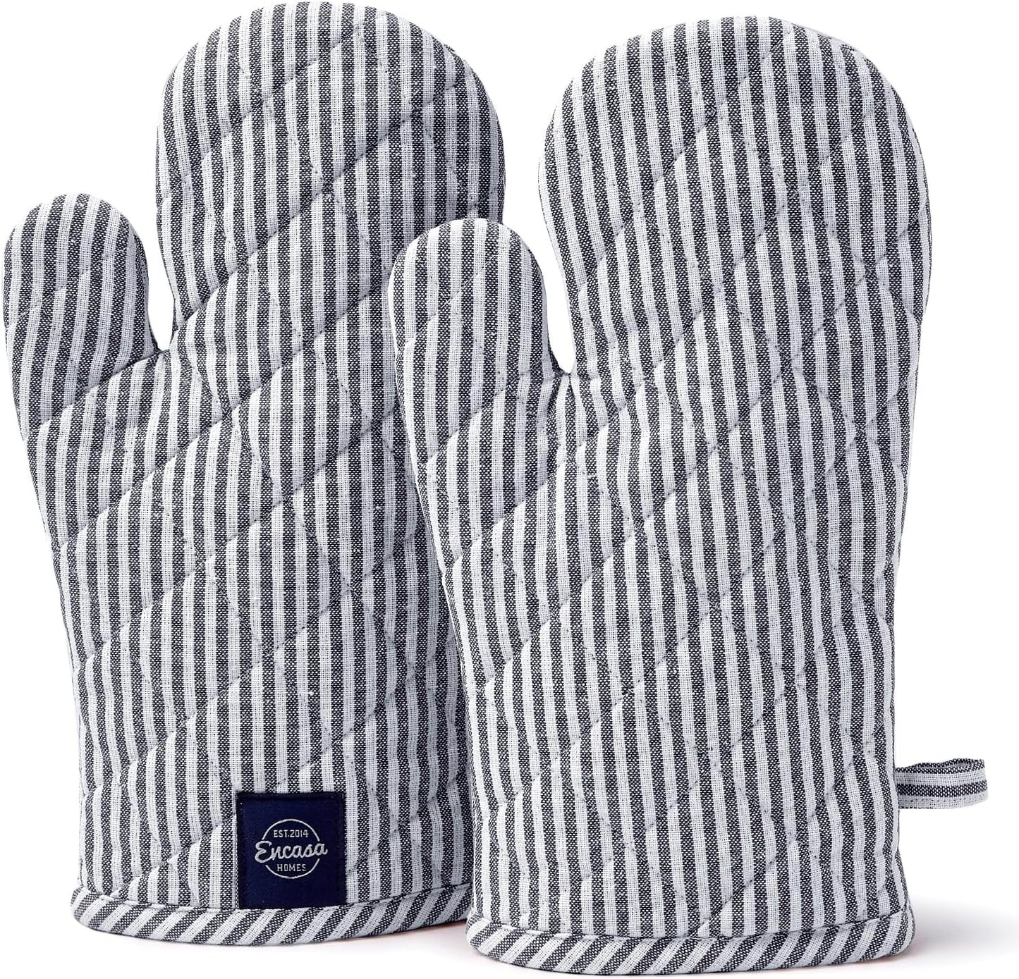 Encasa Homes Long 12"x7" Oven Microwave Hand Gloves Mitts (2 pc Set) for Kitchen Cooking & Baking - Heat Resistant, Thick & Safe, Protection of Hands from Hot Utensils - Ticking Navy Blue