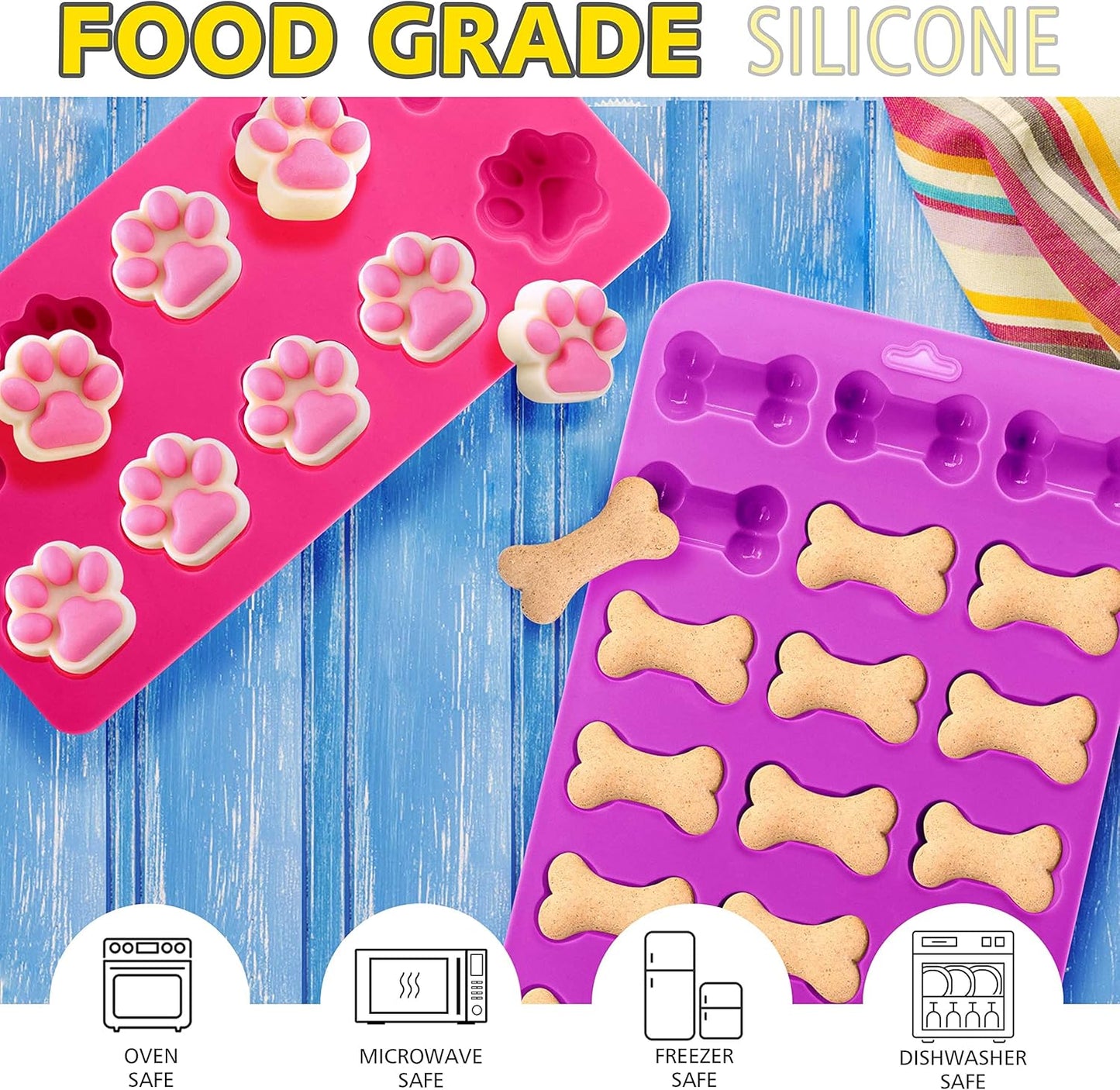Anaeat Reusable Silicone Molds with Puppy Dog Paw and Bone Shaped, Flexible & Non-Stick Ice Cube Tray, Candy and Chocolate Making Mold for Homemade Baking Dog Treats, Jelly, Biscuit & Cupcake (4 Pack)