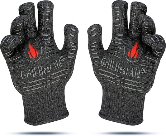 GRILL HEAT AID BBQ Grill Gloves Heat Proof for Grilling – Fireproof 1472°F Heat-Resistant Grill Mitts for Outdoor Barbecue and Smoker, Campfire, Fire Pit, Oven Glove with Fingers for Baking Pizza