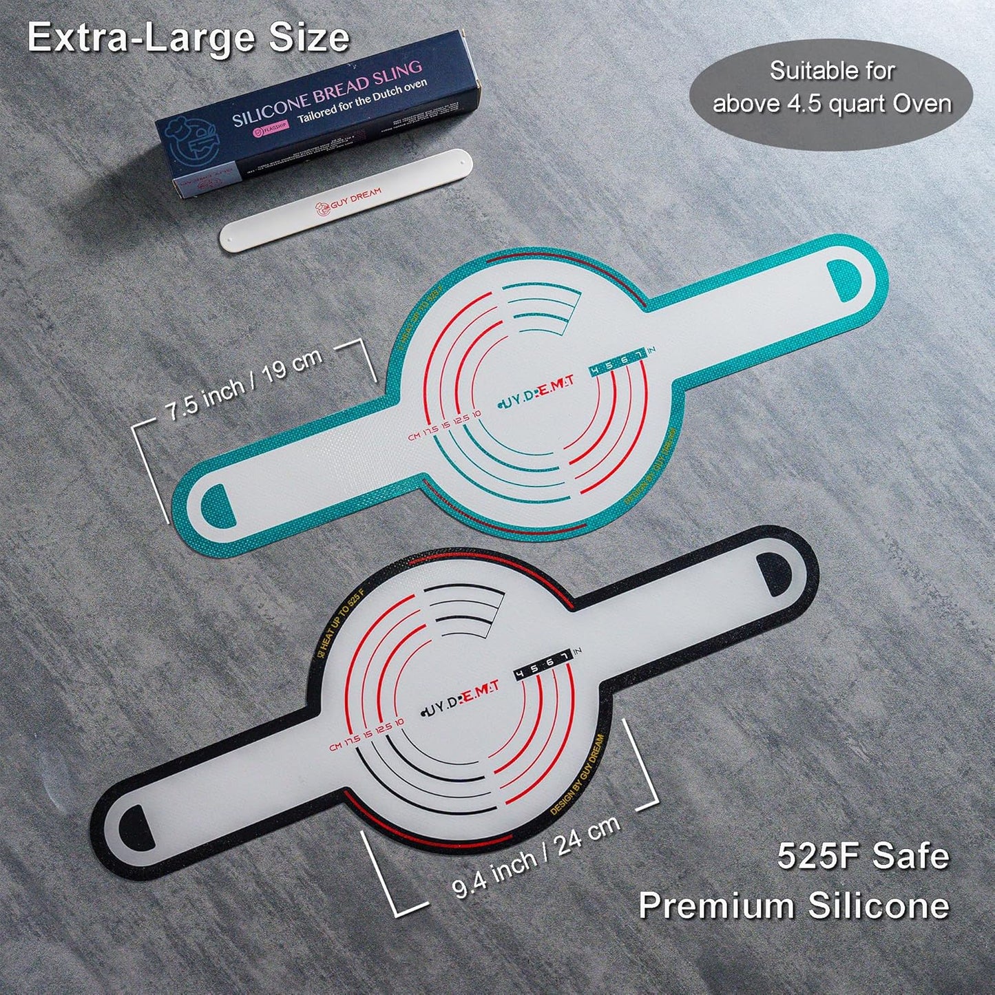 GUYDREMAT 2 Pcs XL Silicone Bread Sling - Heat Resistant Beyond 500F, 9.4" Extra Large Size, Non-Stick Food-Grade Baking Mat for Sourdough, Artisan Loaves, and Large Dutch Ovens, Durable and Reusable