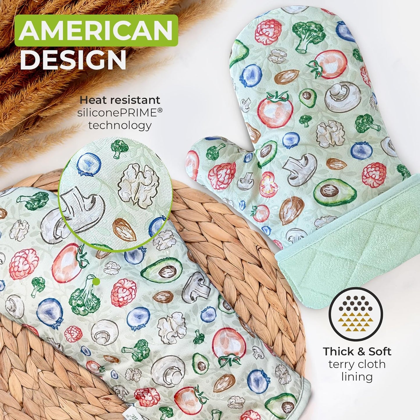 Premium Green Oven Mitts - Stylish and Heat-Resistant - Non-Slip Platinum Silicone Grip - Long and Thick - 100% Natural Cotton Exterior and Soft Terry Cloth Lining - Set of 2 by Cook'n'Chic