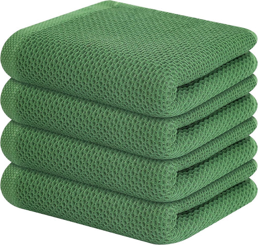 Kitinjoy 100% Cotton Waffle Weave Kitchen Towels, 4-Pack Super Soft and Absorbent Dish Towels for Drying Dishes, Kitchen Hand Towels, 13 in x 28 in, Grass Green