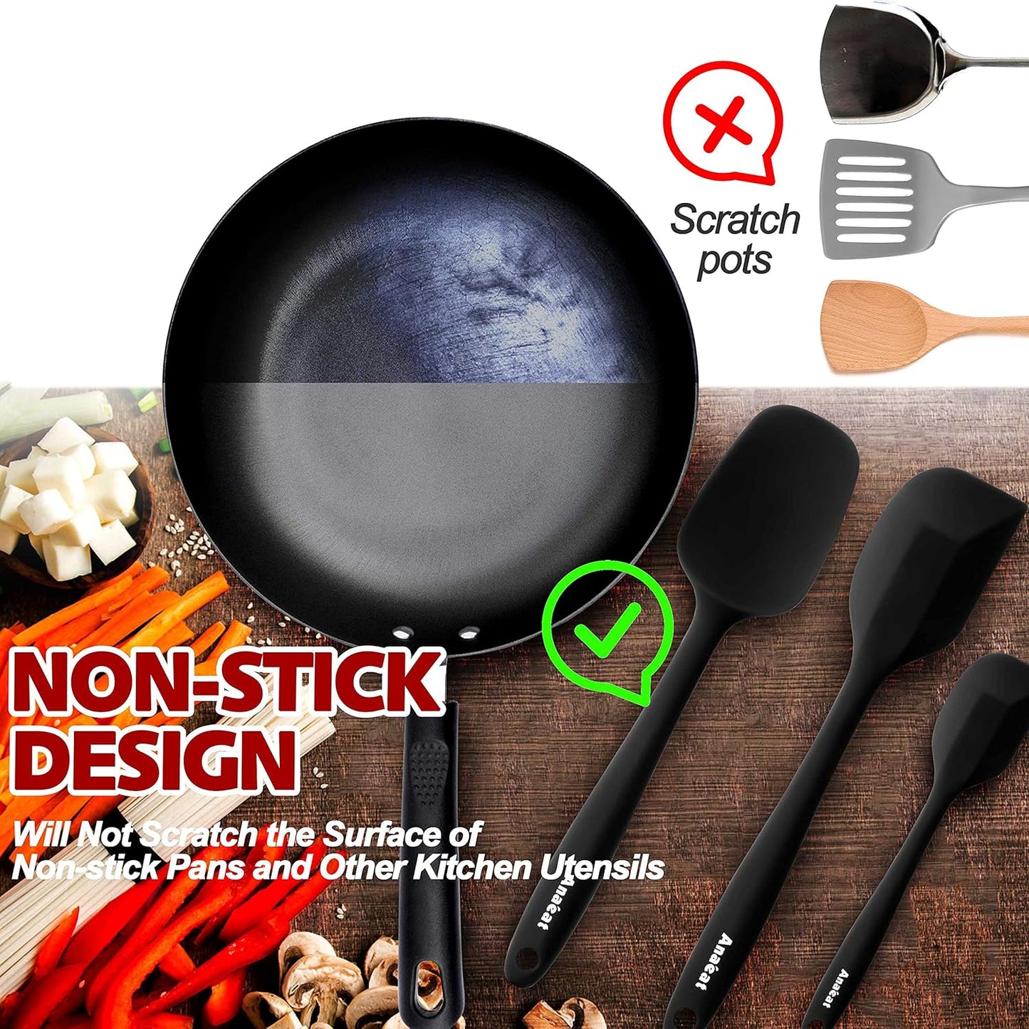 Anaeat Silicone Spatula Set of 5 - Seamless One-Pieces Design, Non-Stick Rubber Spatulas Kitchen Scraper Flexible for Easy Baking, Cooking, Scraping & Mixing, Heat Resistant & Dishwasher Safe