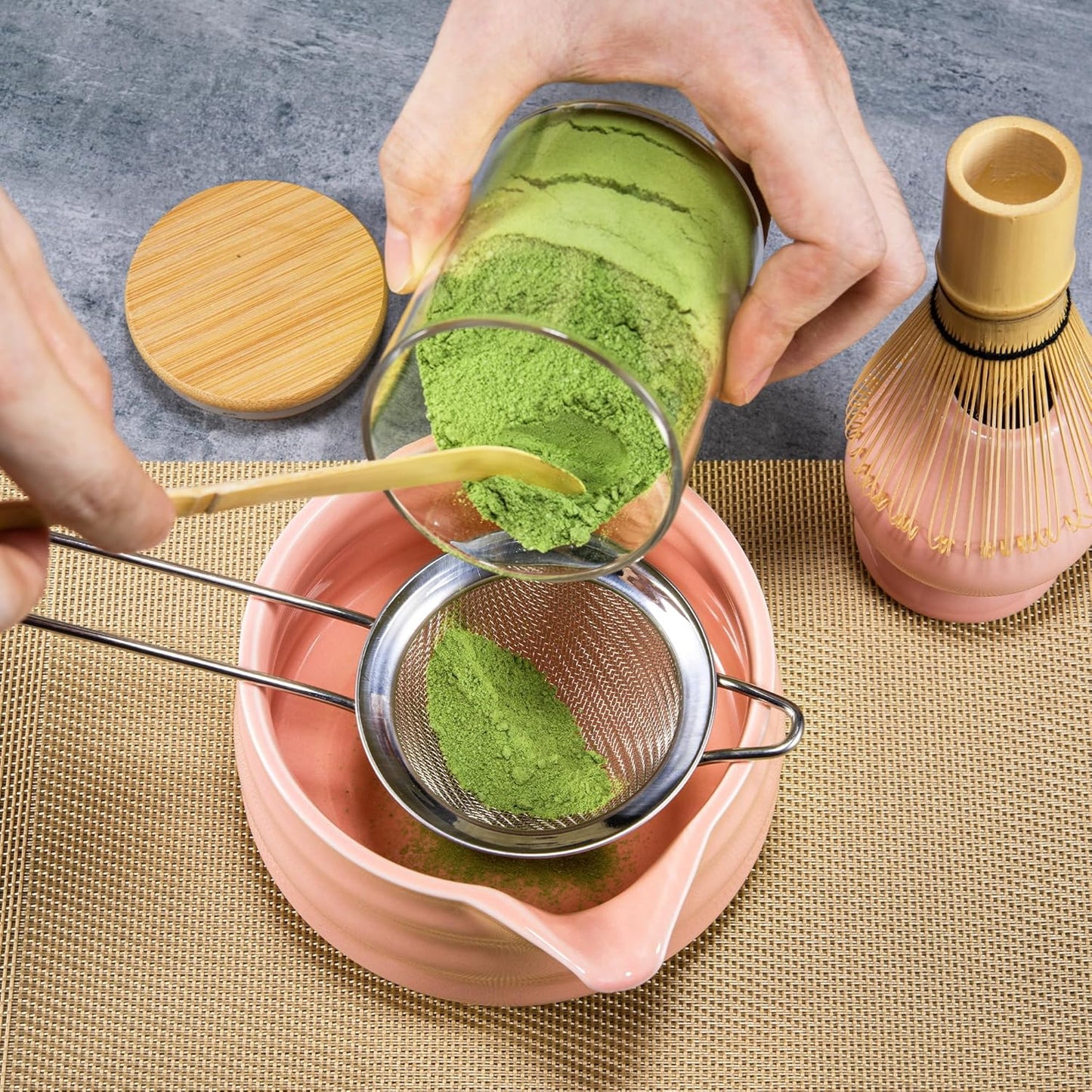 Marce Matcha Whisk Set- Matcha Set includes Matcha Whisk and Bowl with Spout, Sifter, Holder and Scoop- The Perfect Bamboo Whisk for Matcha Tea (Pink)