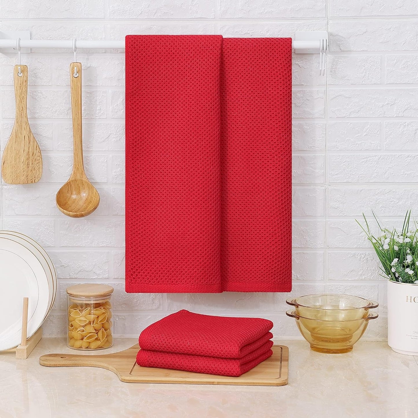Kitinjoy 100% Cotton Waffle Weave Kitchen Towels, 4-Pack Super Soft and Absorbent Dish Towels for Drying Dishes, Kitchen Hand Towels, 13 in x 28 in, Red