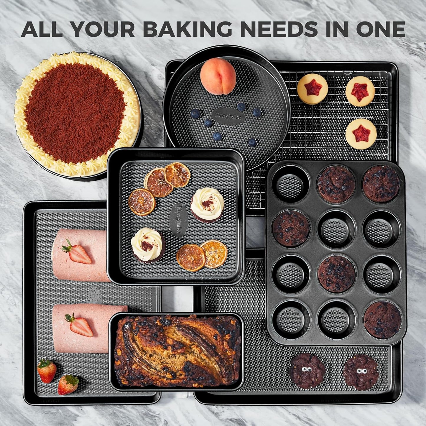 HONGBAKE 9-Piece Baking Pans Set Nonstick, Stackable Non Toxic Bakeware Sets with Diamond Texture, Oven Pan Set for Cooking, Includes Cookie Sheet with Rack, Cake Pan, Roasting Pan, Muffin Tin, Gray
