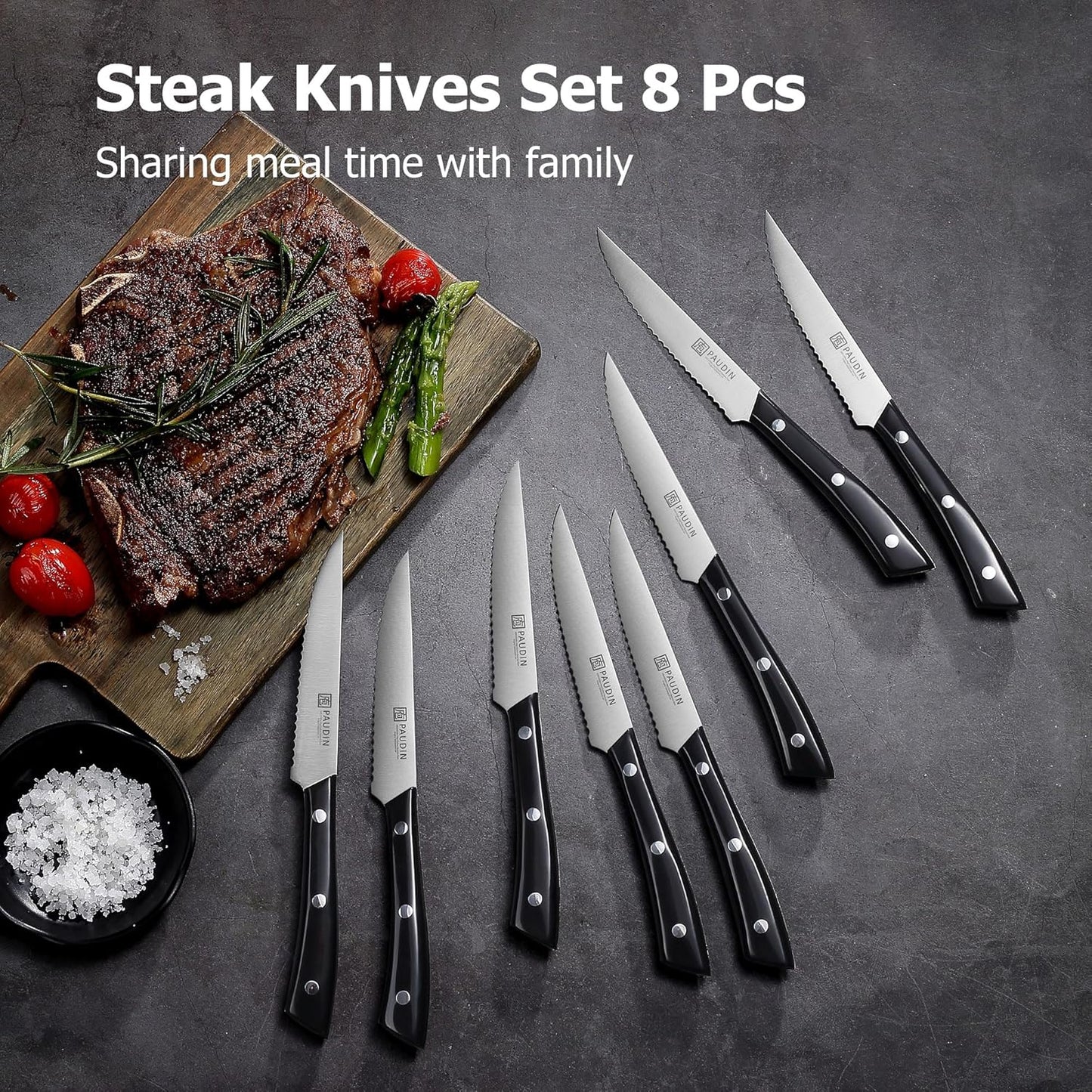 PAUDIN Steak Knives, Steak Knife Set of 8, Razor-Sharp Kitchen Knife Set 4.5 inch, High Carbon Stainless Steel Serrated Steak Knives Set for Kitchen, Full Tang ABS Handle