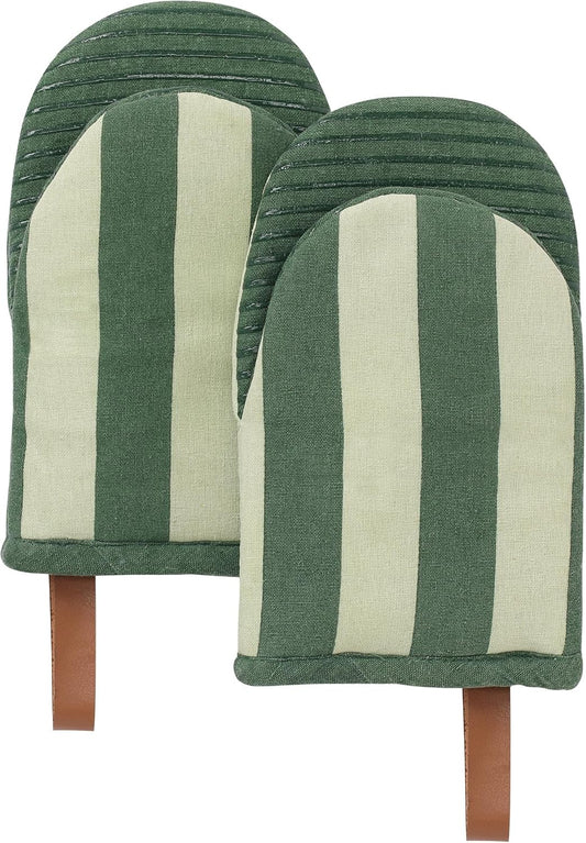 Folkulture Mini Oven Mitts Heat Resistant | (5.75 x9) Set of 2 Green Short Oven Mitts with Hanging Loop | 100% Cotton Oven Gloves | Kitchen Mittens, Matcha Small Silicone Oven Mits