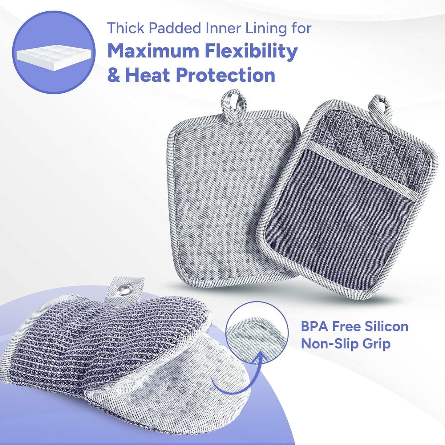 Casa Platino Silicone Oven Mitts & Potholders, 4-Piece – Pot Holders and Oven Mitts for BBQ & Baking, Oven Mitt for Kitchen & Microwave – Heat Resistant Up to 500°F, Durable & Flexible – Indigo