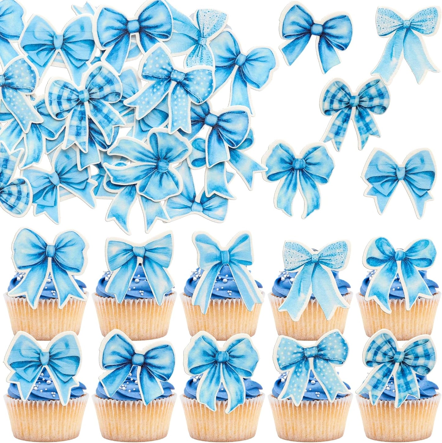 Gyufise 50Pcs Edible Blue Bowknot Cupcake Toppers Wafer Paper Bowknot Cake Dessert Picks Baby Shower Princess Cupcake Toppers for Birthday Party Decoration Supplies