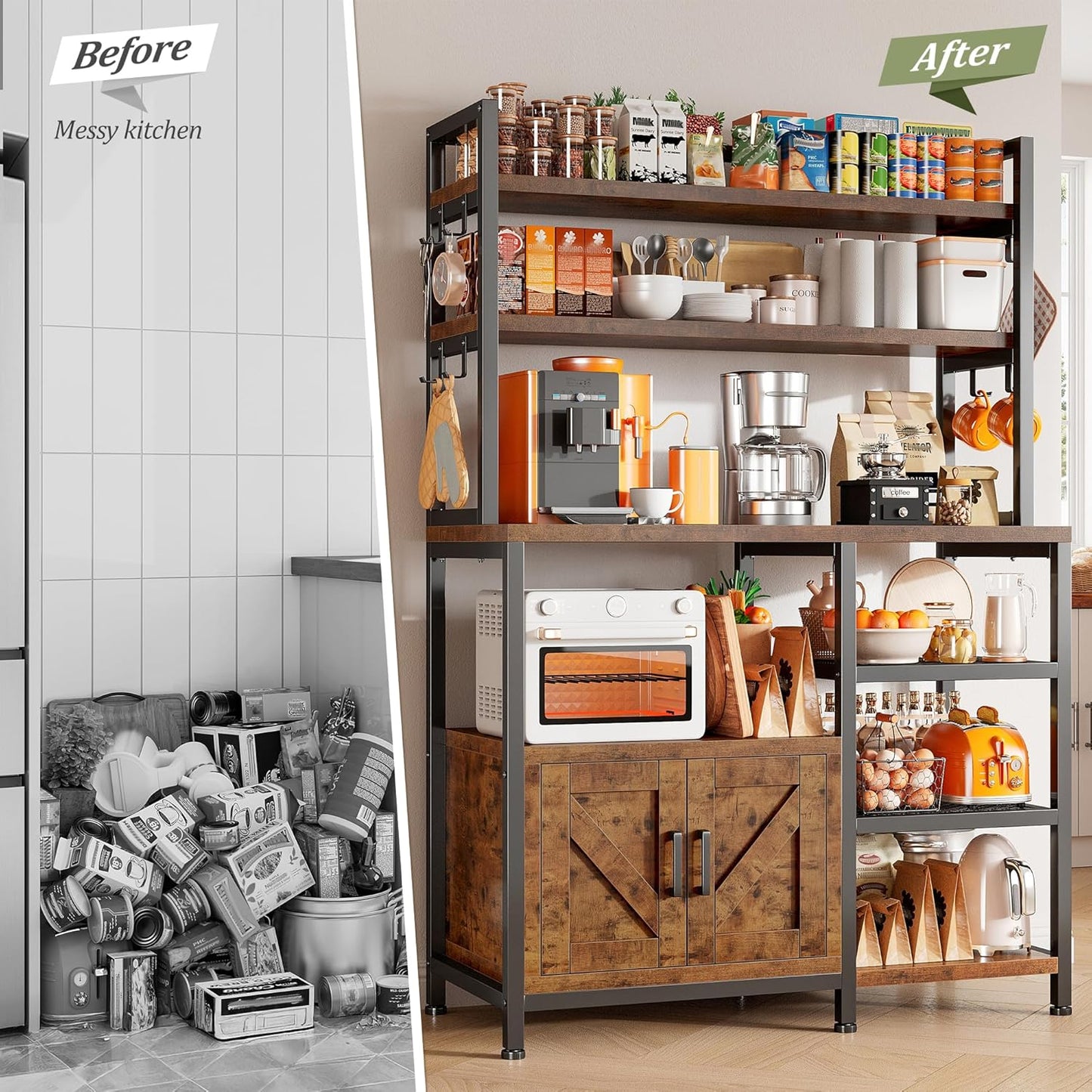 EnHomee Bakers Rack, 6 Tier Microwave Stand, Coffee Bar Organizer with 8 L-Shaped Hooks, Kitchen Shelves with Large Capacity Storage, 14.1 x 30.1 x 63.1 Inches, Rustic Brown