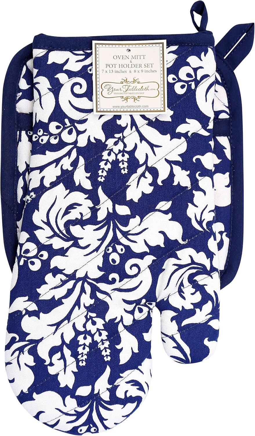 Yourtablecloth Set of Oven Mitt and Pot Holder or Oven Gloves-100% Cotton, High Heat Resistance, Superior Protection & Comfort–Elegant Design-Machine Washable-Nautical Blue