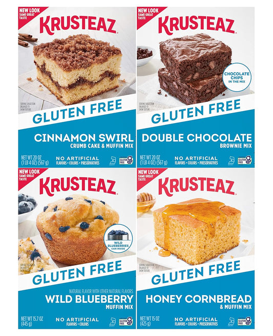 Krusteaz Gluten Free Baking Mix Variety Pack, 1 Cinnamon Swirl Cake Mix, 1 Double Chocolate Brownie Mix, 1 Wild Blueberry Muffin Mix, 1 Honey Cornbread Mix, (4 CT)