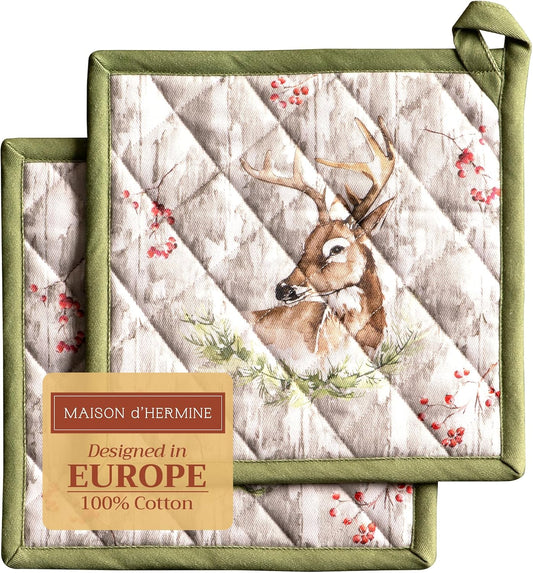 Maison d' Hermine Pot Holders Set 100% Cotton Heat Resistant Potholders 8" x 8" Hot Pads with Loop BBQ, Cooking, Baking, Grilling, Kitchen, Handling Hot Pans (Pack of 2, Mountain Life)