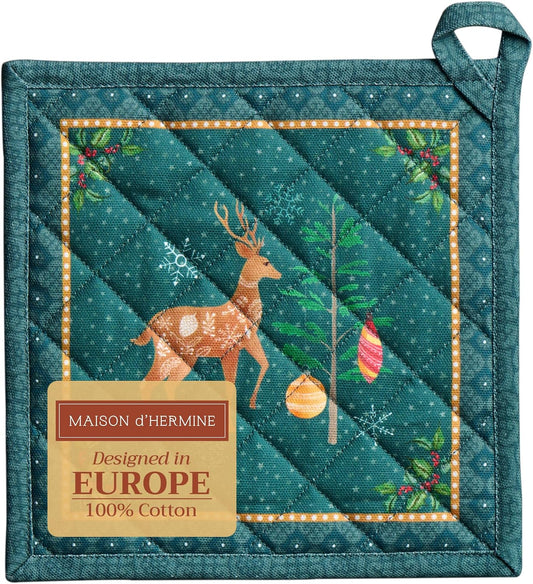Maison d' Hermine Pot Holders 100% Cotton Heat Resistant Potholders 8" x 8" Hot Pads with Loop BBQ, Cooking, Baking, Grilling, Kitchen, Handling Hot Pans (Pack of 1, Hygge Christmas)