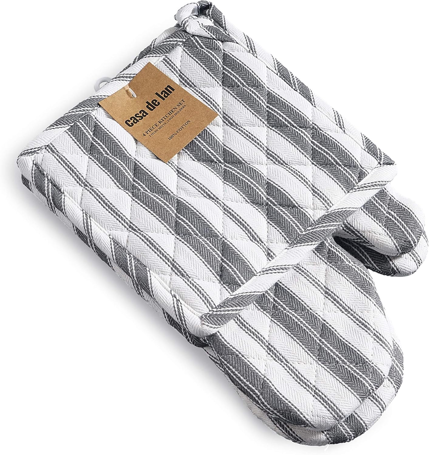 Oven Mitt & Potholder Set - Durable Heat Resistant Gloves - Thick Mittens for Kitchen - Suitable for Cooking, Baking, Grilling – BBQ - 1 Oven Mitts & 1 Potholders – Dark Grey Stripes - Casa De Lan