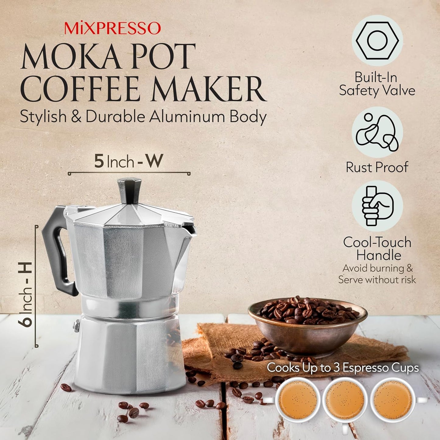Mixpresso 3 Cup Moka Pot Cuban Coffee Maker, Moka Pot for Gas, Electric Stove Top, Classic Italian Coffee Maker, Stovetop Espresso Maker, Camping Pot Makes 3 Espresso Cup 5 Oz