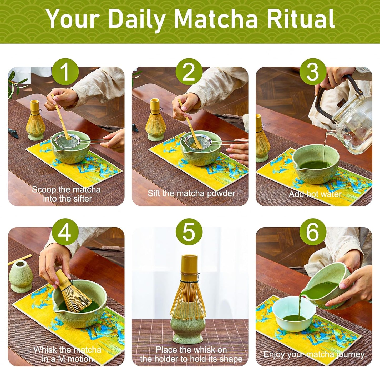 BeSoothe Matcha Whisk Set - Premium Matcha Set 7 Pcs - Ceremony Matcha Powder Kit - Matcha Tea Set for Making Latte - Matcha Whisk Set and Bowl with Scoop&Sifter, Ceramic Bowl - Gift for Matcha Lovers