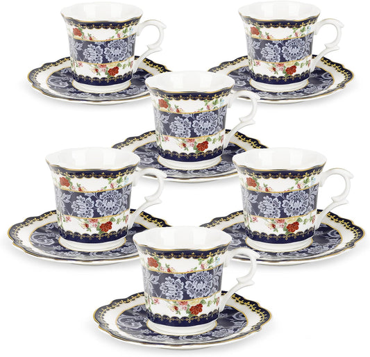 fanquare 2.5 Ounce Espresso Cups Set of 6, 12 Pieces Ceramic Demitasse Cup and Saucers, Blue Lace Pattern Espresso Mugs for Coffee Bar Home