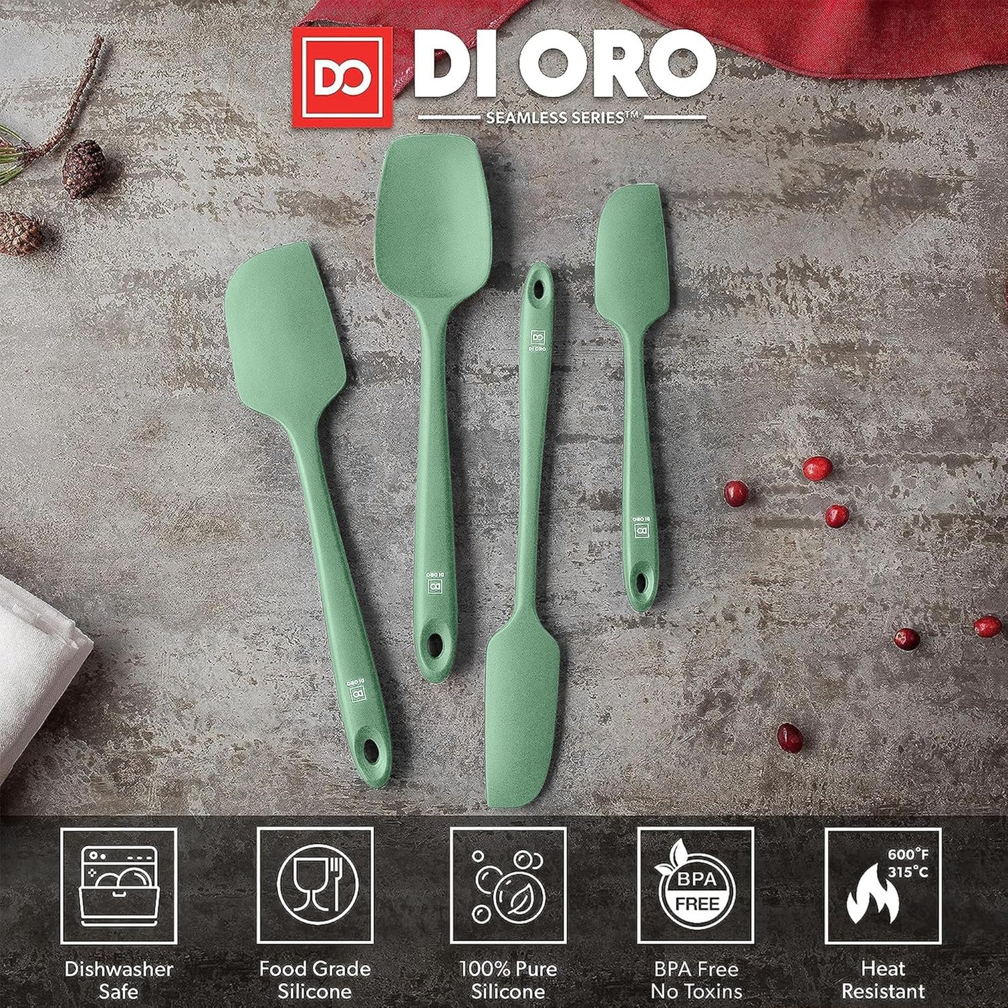 DI ORO Silicone Spatula Set - Rubber Kitchen Spatulas for Baking, Cooking, & Mixing - 600°F Heat-Resistant & BPA Free Silicone Scraper Spatulas for Nonstick Cookware - Dishwasher Safe (4pc, Sage)