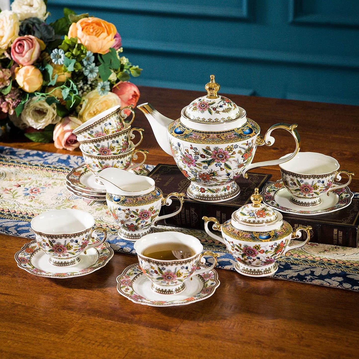 ACMLIFE Tea Set for Adults for 6, Blue and White Tea Set with Cups, Bone China Vintage Floral British English Tea Pot with Cups and Saucers for Women Party, Afternoon Service or Gift Giving (Pink)